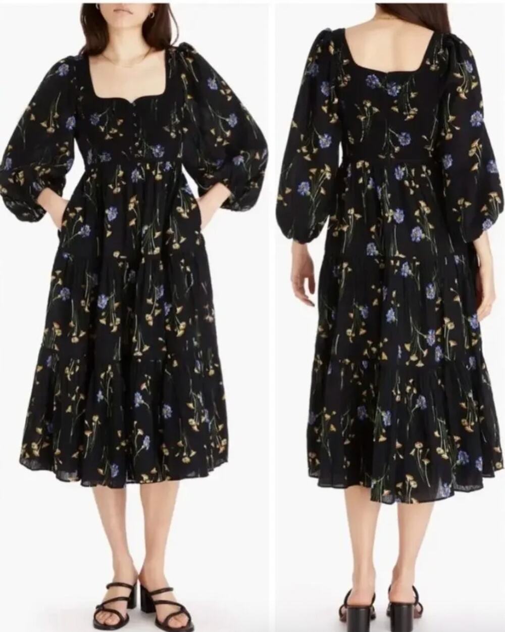 Madewell xiomara floral print black cotton midi romantic dress Size 0